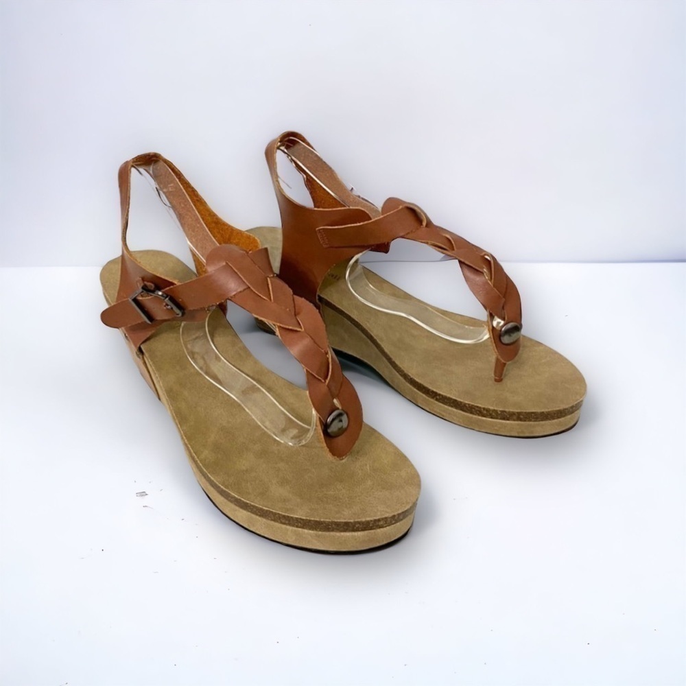 Jolimal Boho Leather Braided Cognac Wedge Sandals, Size 10